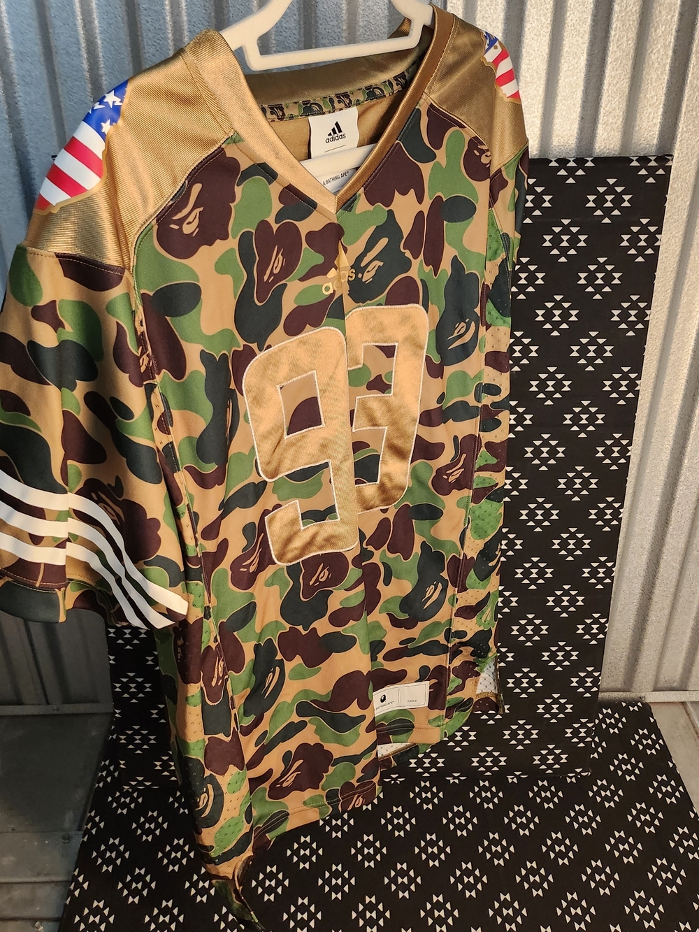 A Bathing Ape X Adidas Men's Camo Football Jersey in Green/Brown Gold Accents